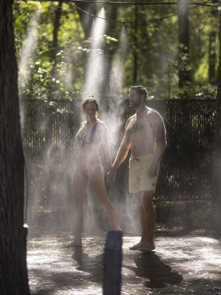 couple going through the misty forest