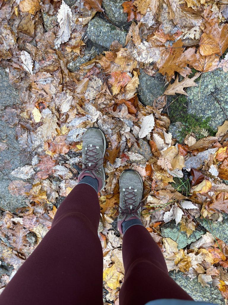 hiker, stones and leaves