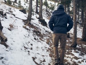 person hiking in a snowy forest